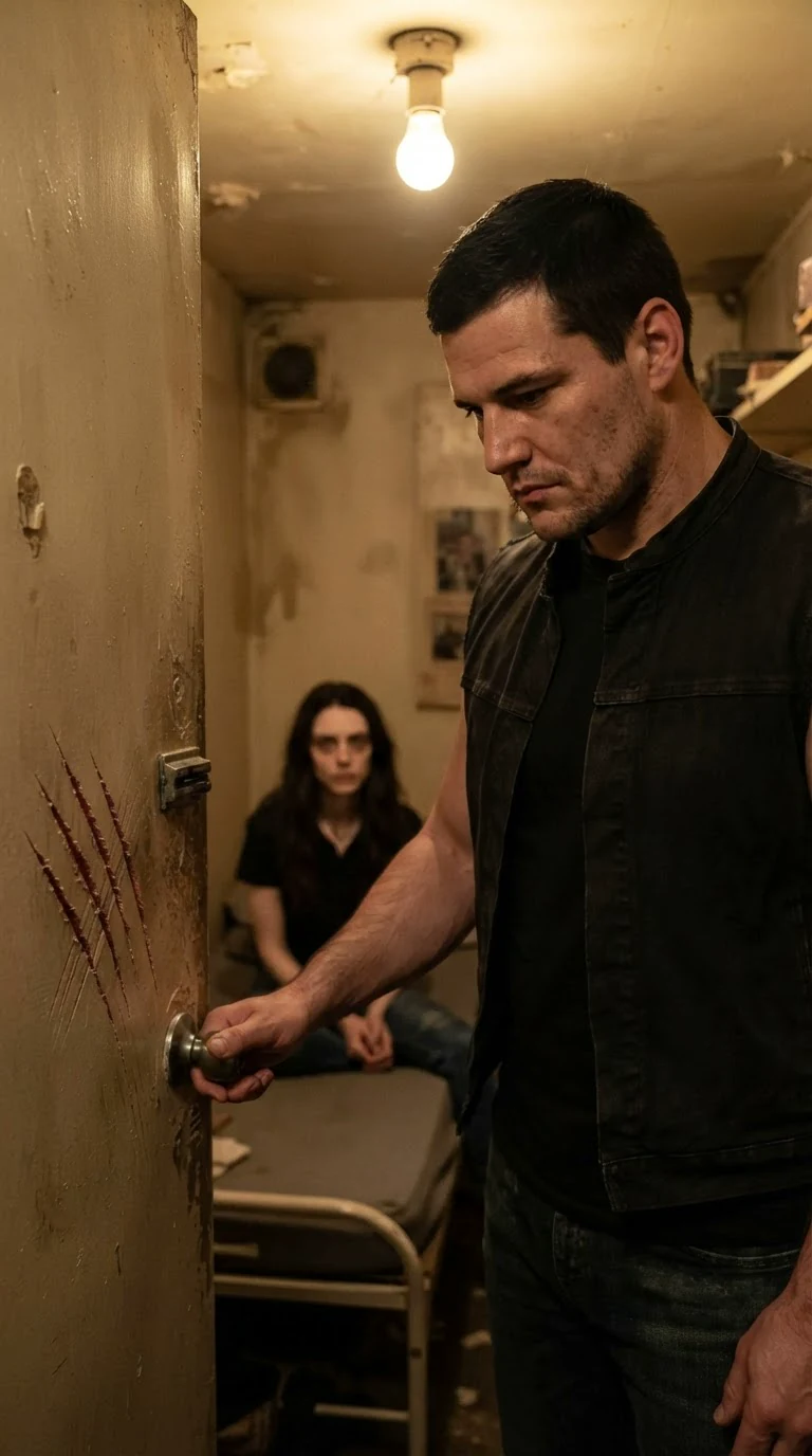 Garrick stands beside the door with his hand on the knob, frowning at the scratches.
