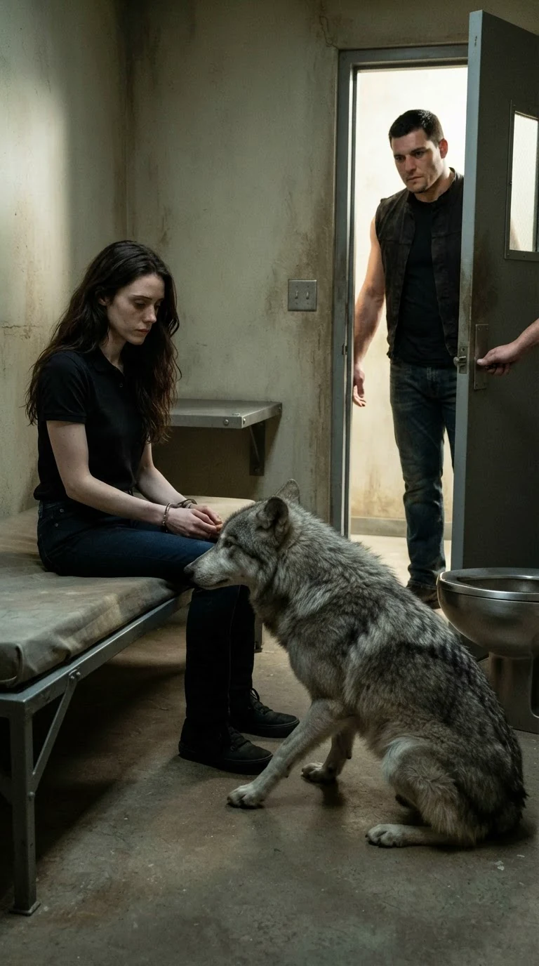 The gray wolf walks into the room and sits against Corrie's leg.
