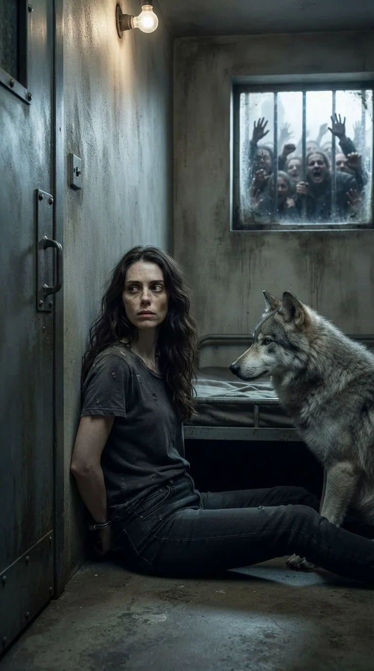 Alone in the locked room, Corrie leans against the wolf while shadows move outside the window.
