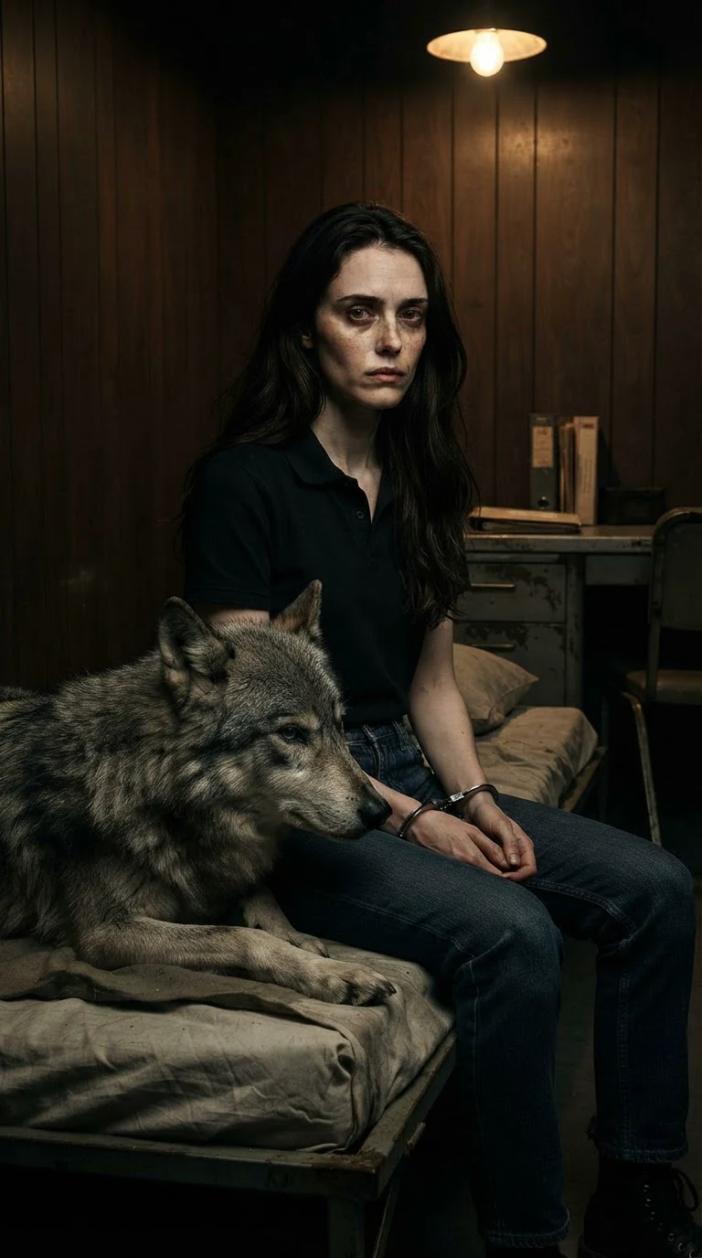 Corrie sits handcuffed on a cot in a small room with the gray wolf pressed to her leg.