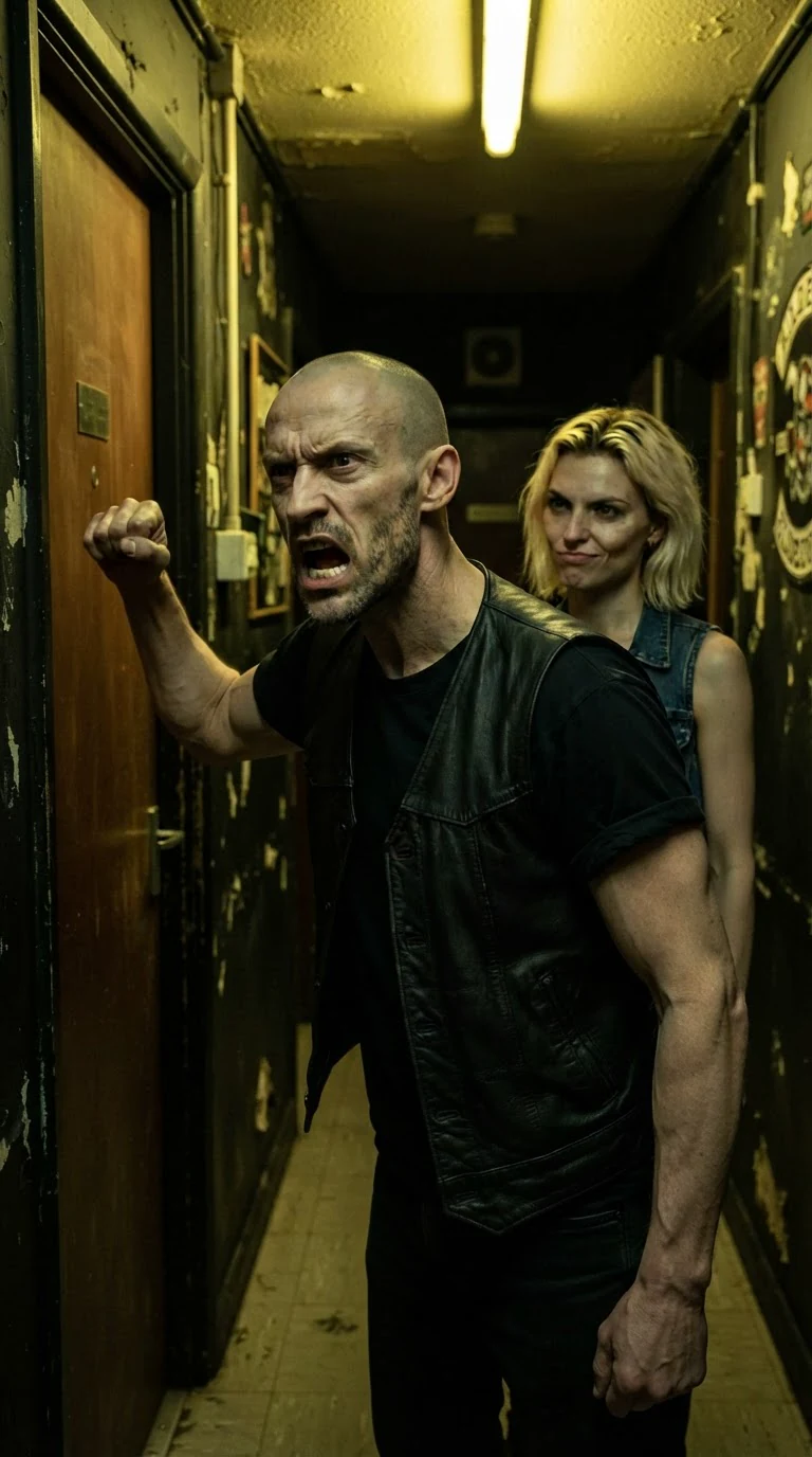 Cutter pounds on the clubhouse door, shouting, with Trixie behind him in the hall.
