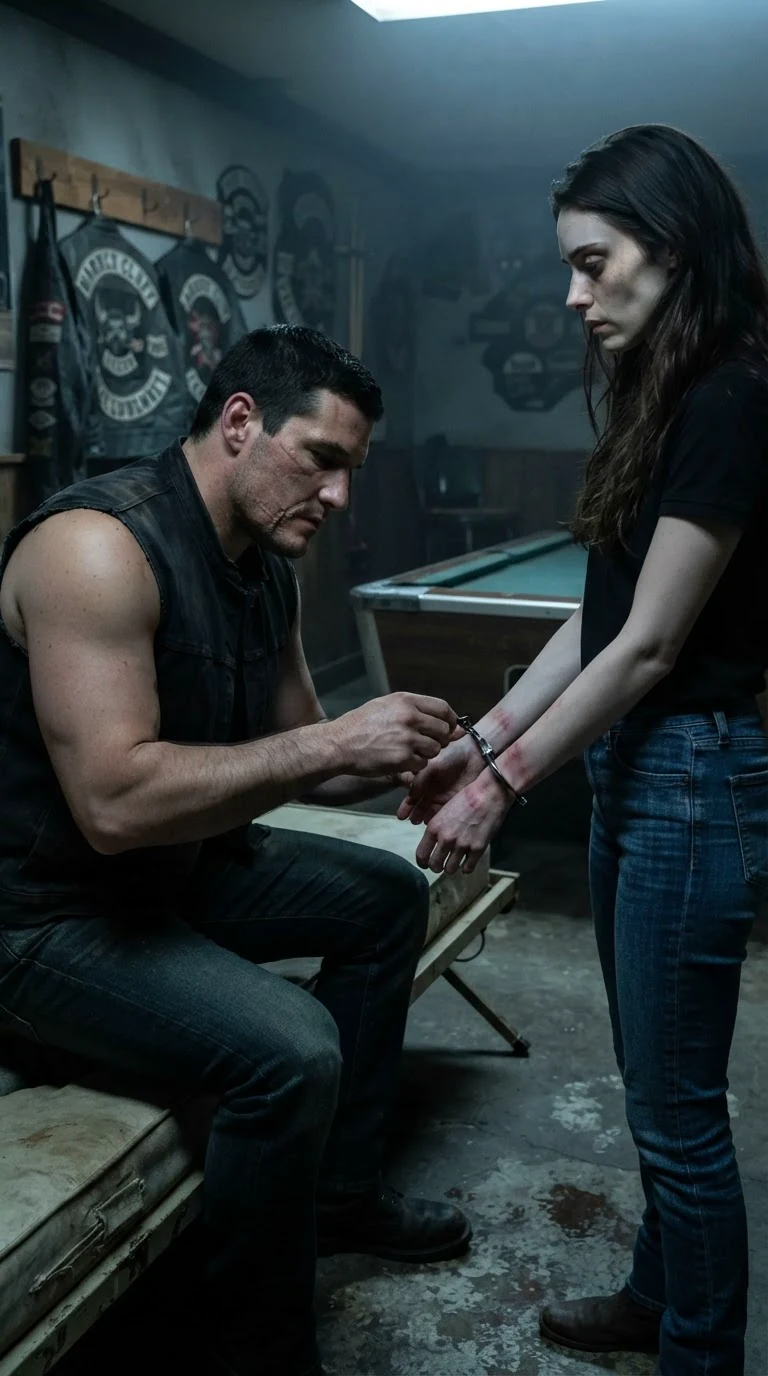 Garrick crouches by the cot and unlocks the handcuffs from Corrie's wrists.