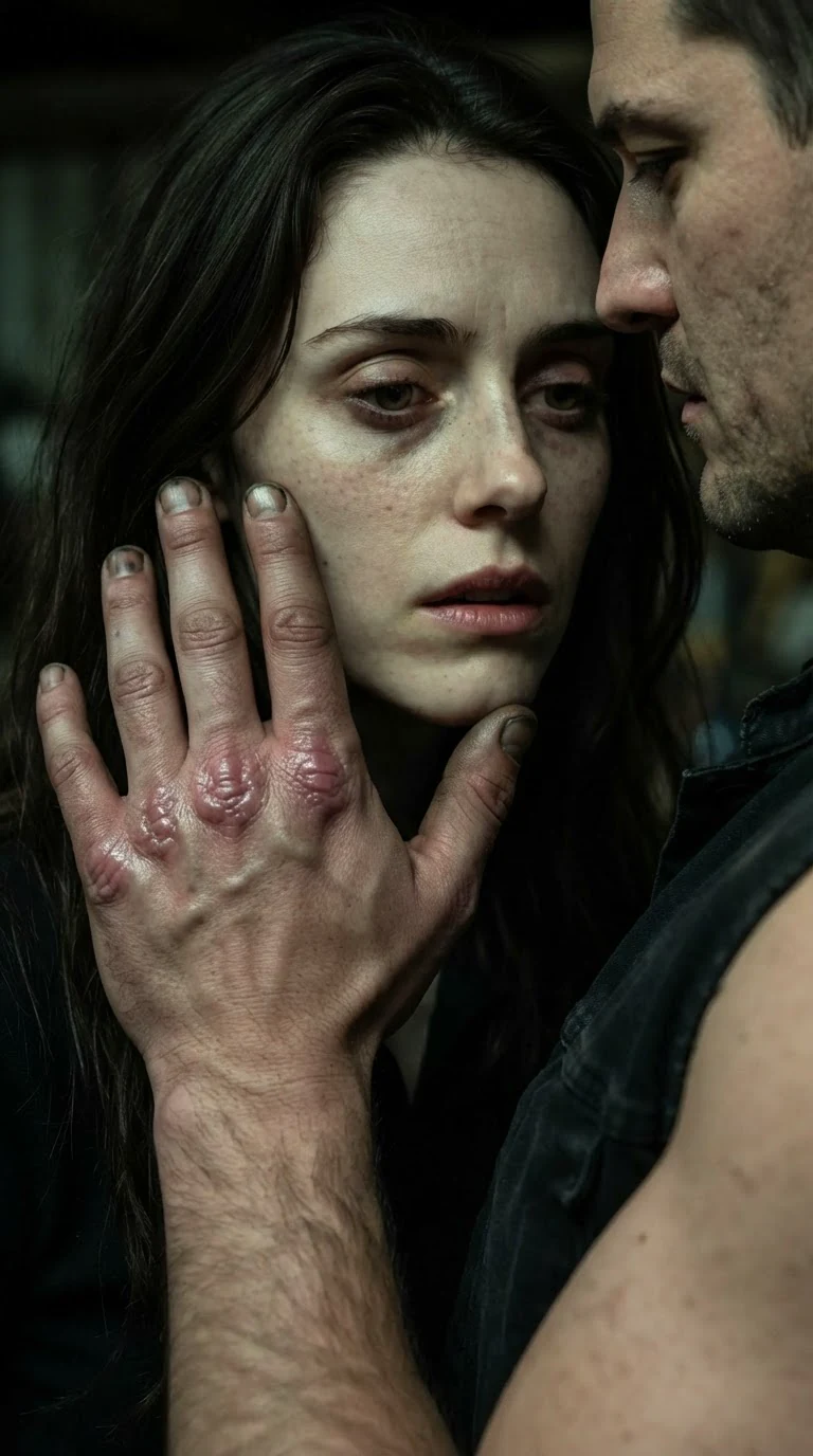 Close view of Garrick's shiny scarred knuckles near Corrie's face.