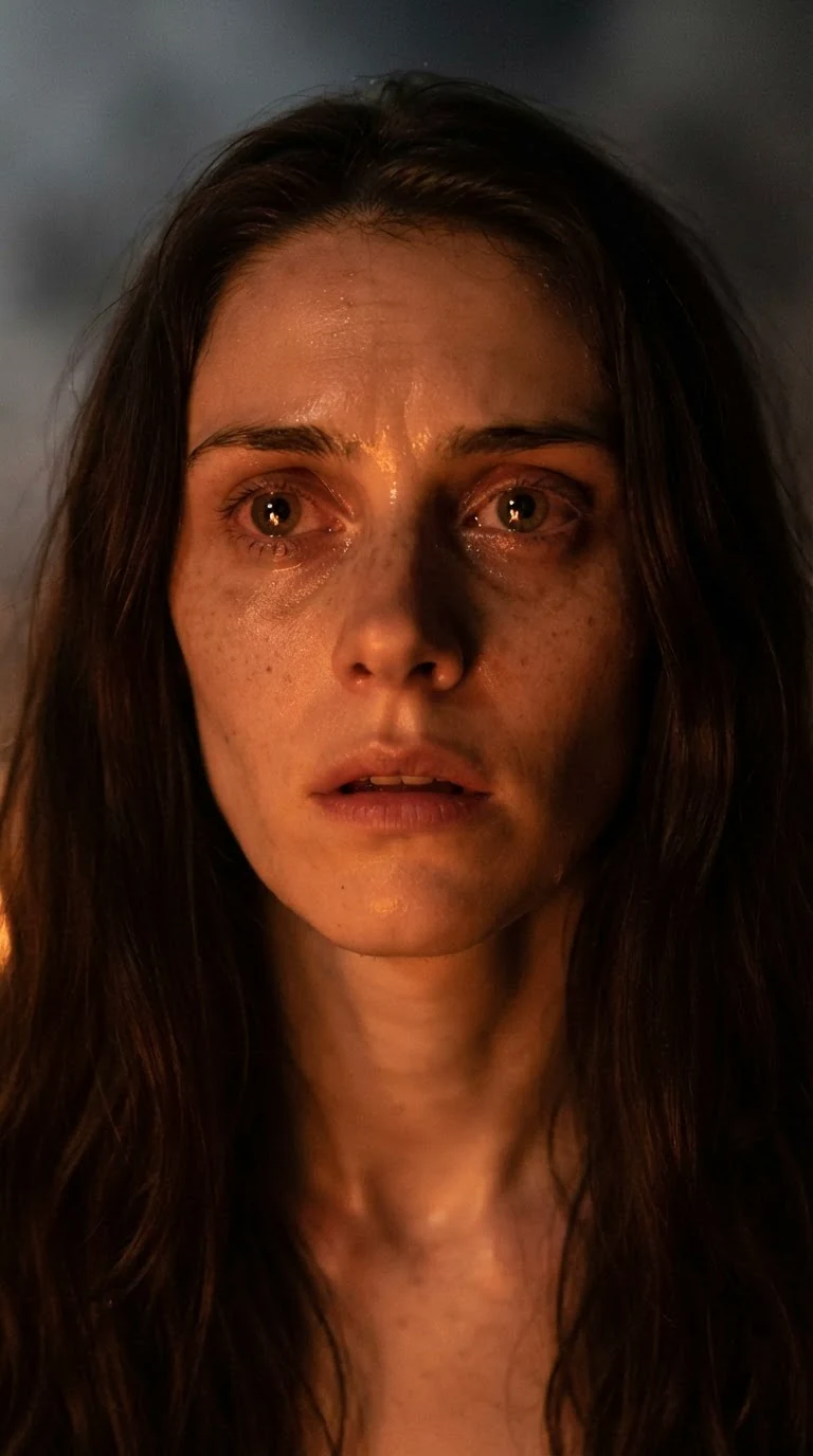 Corrie's face lit orange by firelight in her vision, eyes wide and unseeing.
