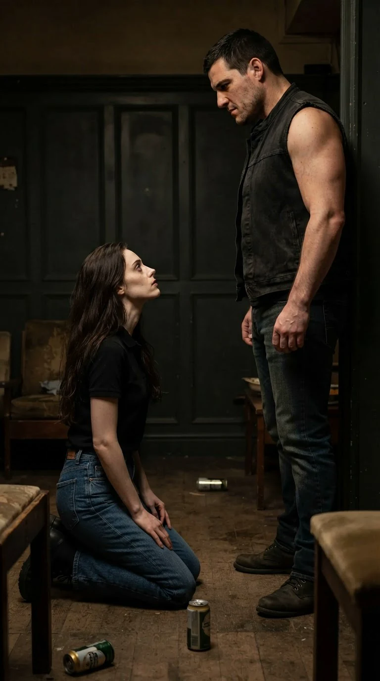 Corrie kneels on the floor looking up at Garrick, speaking flatly.