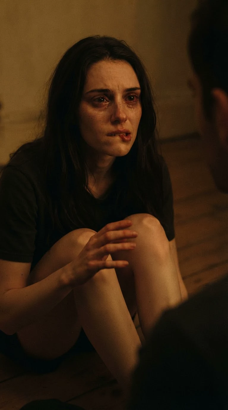 Corrie on the floor, hand half lifted toward him, biting her sore lip.
