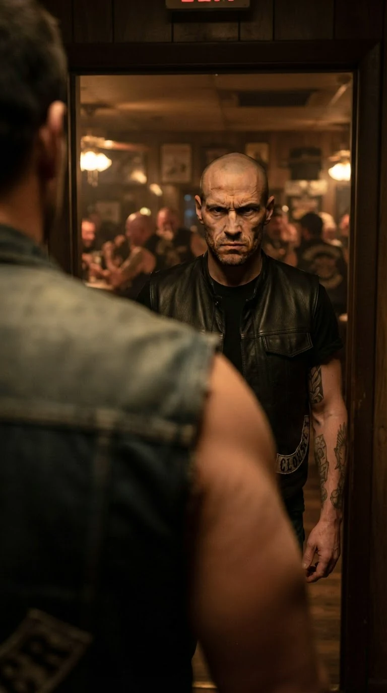 Cutter fills the clubhouse doorway, furious, while Garrick's shoulder blocks the near foreground.