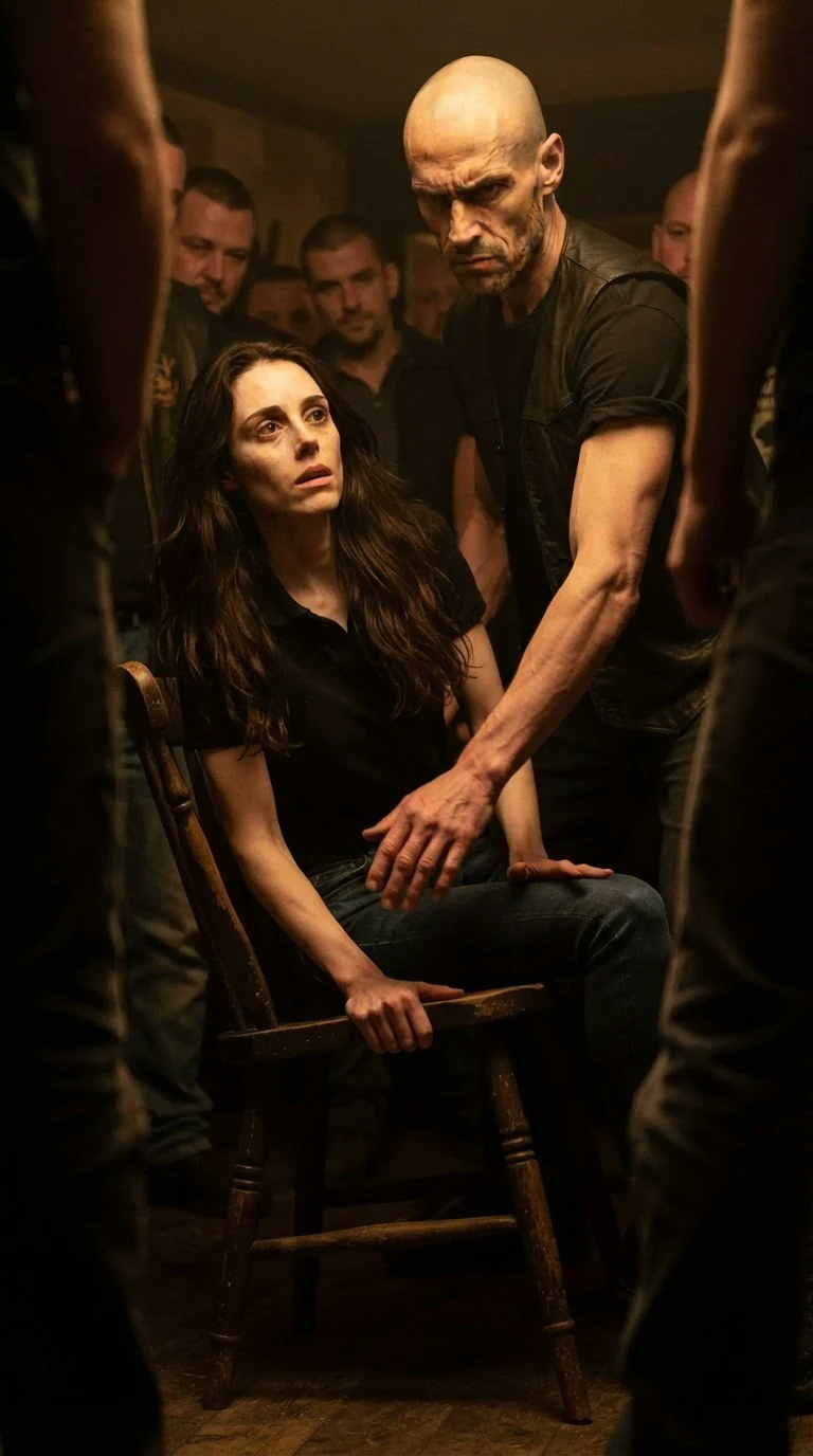 Cutter shoves Corrie down into a wooden chair in front of the club.