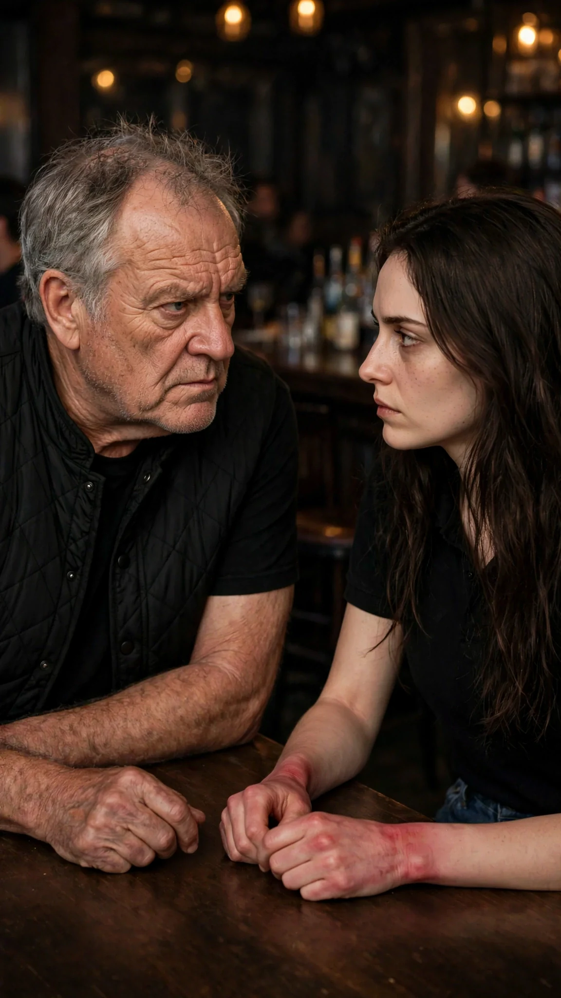 Kemp leans over the table, questioning Corrie, who sits rigid in the chair.