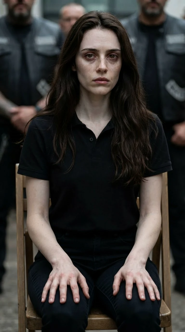 Corrie speaks with her hands flat on her knees, holding herself steady.