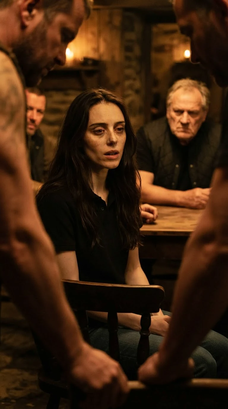 Corrie's eyes go distant as she repeats what she saw, men leaning in around her.