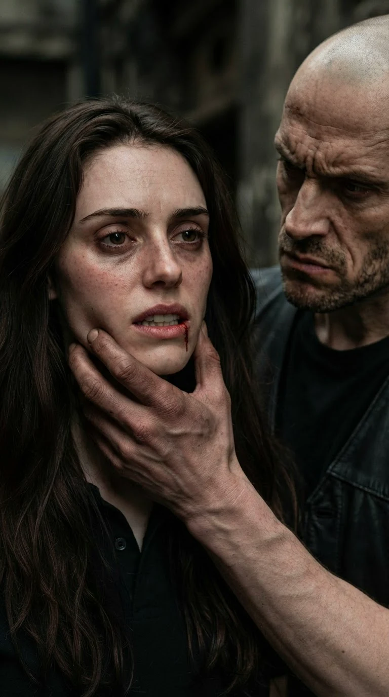 Close on Corrie's jaw in Cutter's grip, her lip bleeding again.