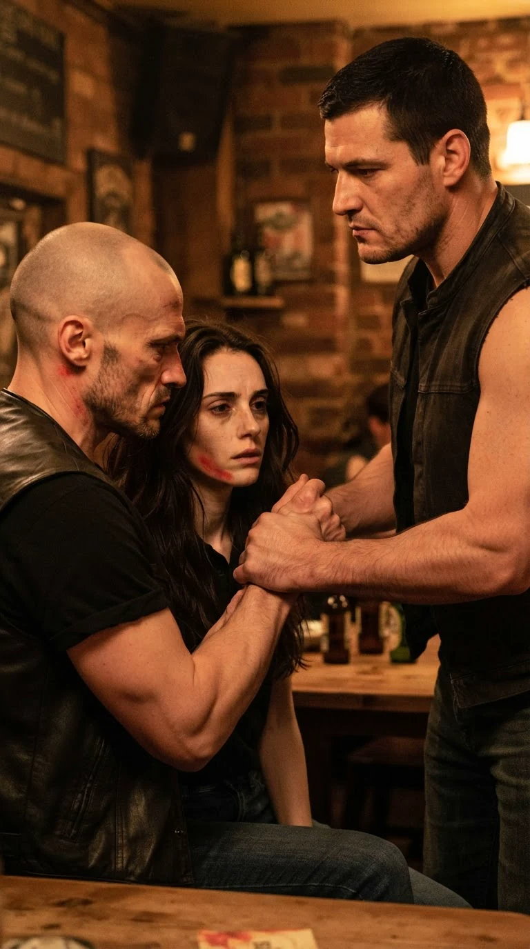 Garrick grips Cutter's wrist and pulls his hand off Corrie's face.