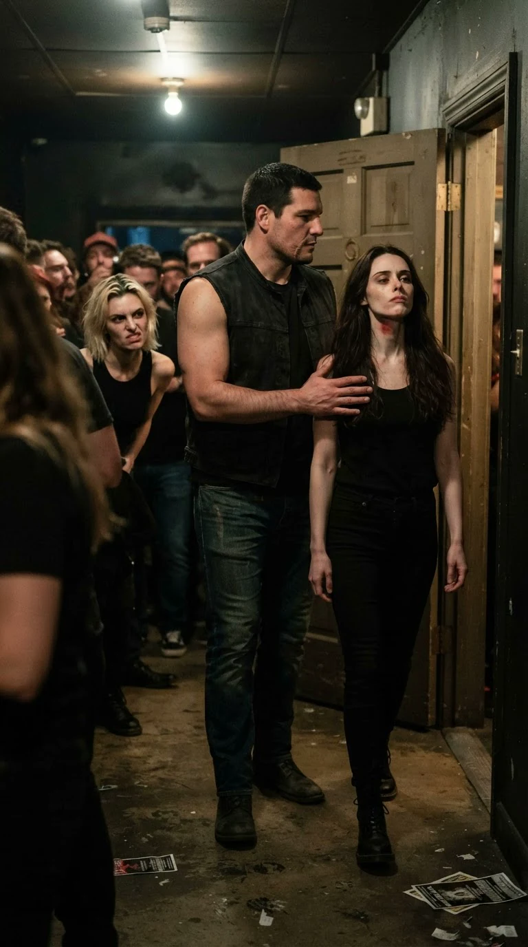 Garrick guides Corrie out of the bar with a hand on her back as the crowd watches.