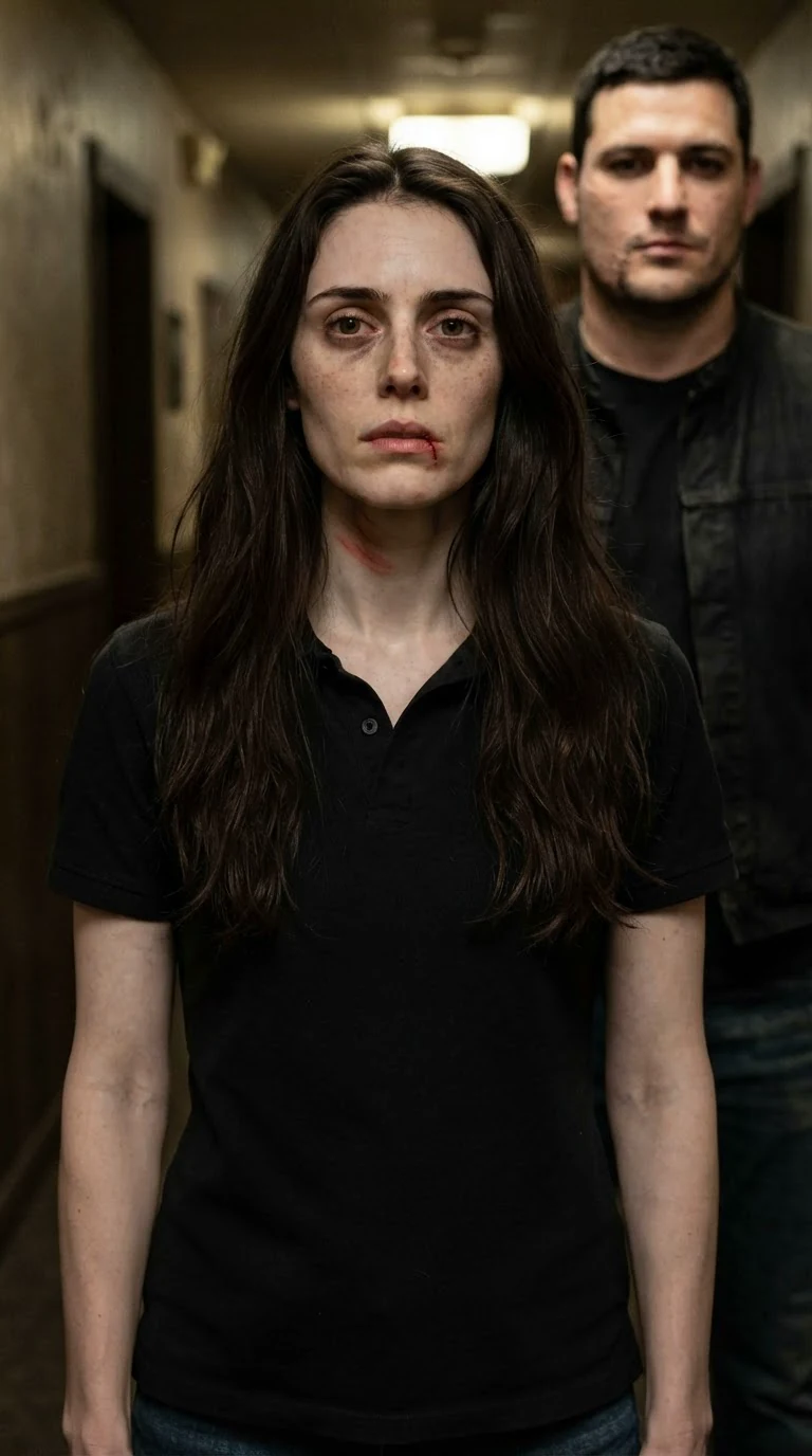 Corrie alone in the hall, chin up, red finger marks on her jaw.