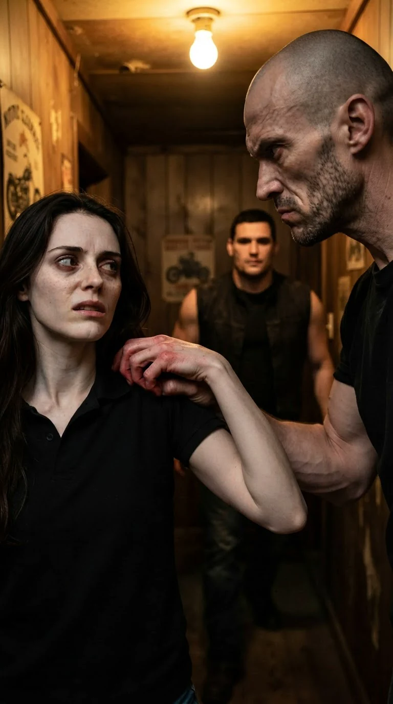 Cutter's hand squeezes Corrie's arm hard enough to leave marks.