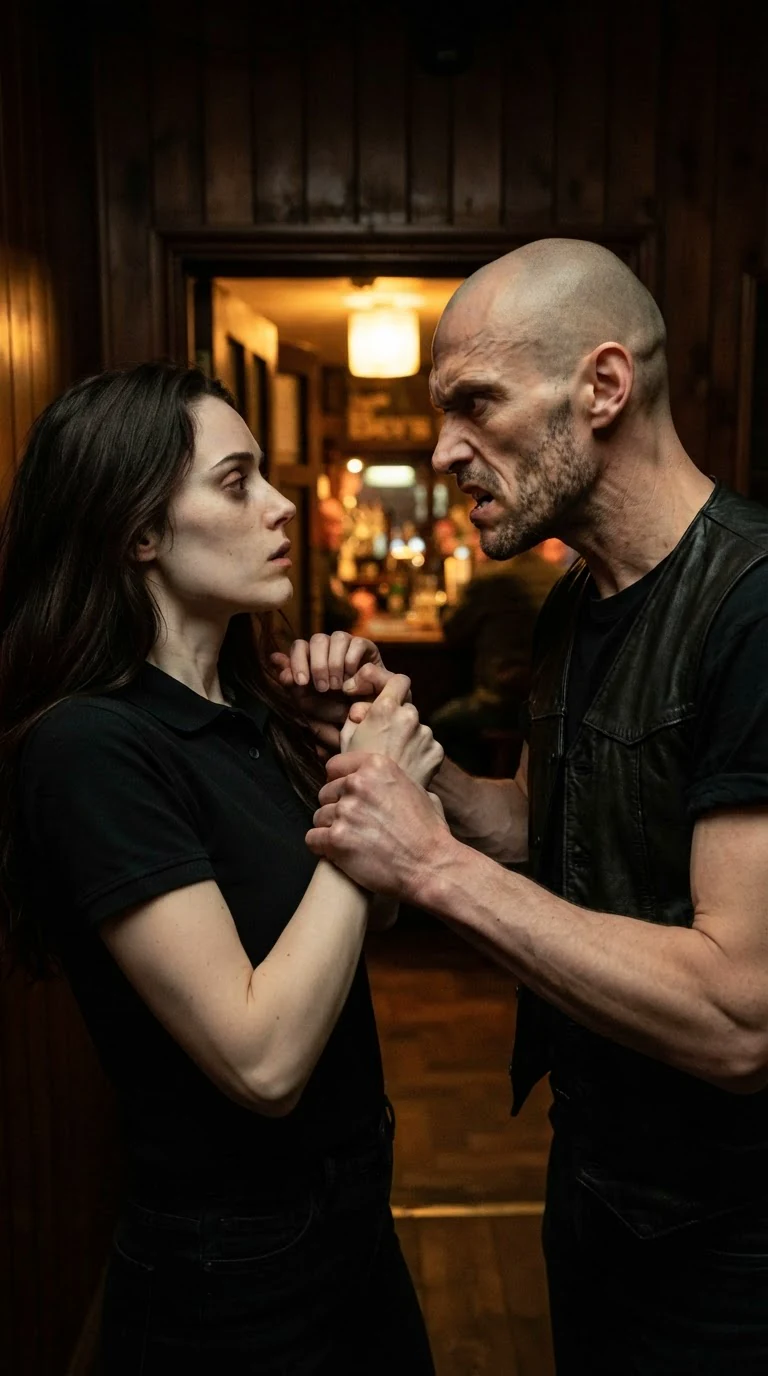 Corrie pulls at Cutter's wrist while he snarls down at her.