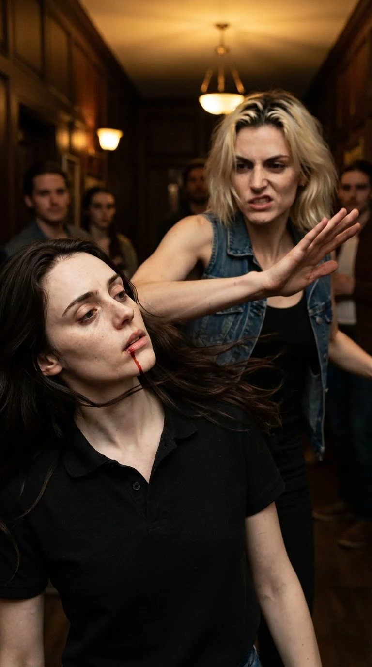 Trixie slaps Corrie across the mouth, blood on Corrie's chin.