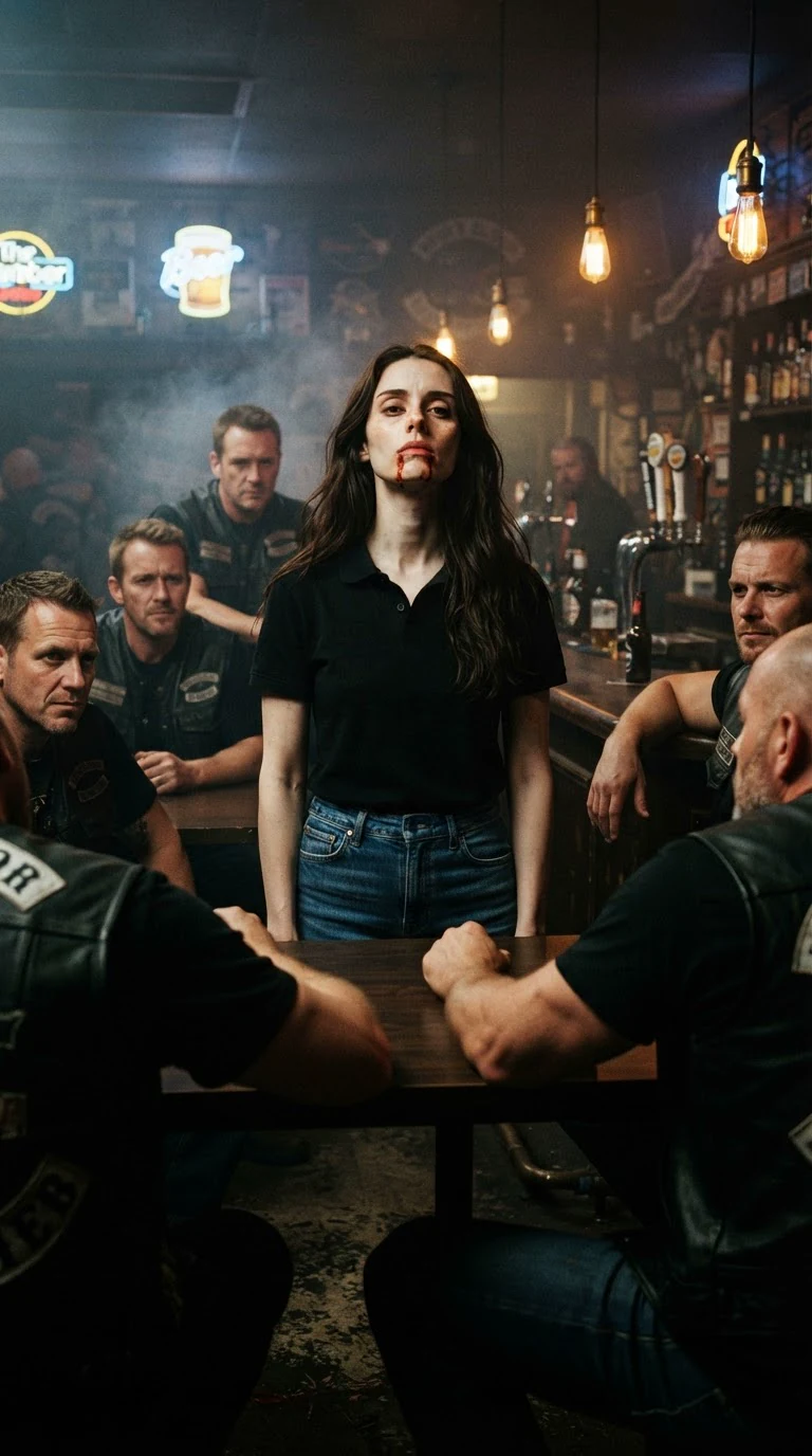 Corrie stands bleeding while men at the bar stare and smirk.