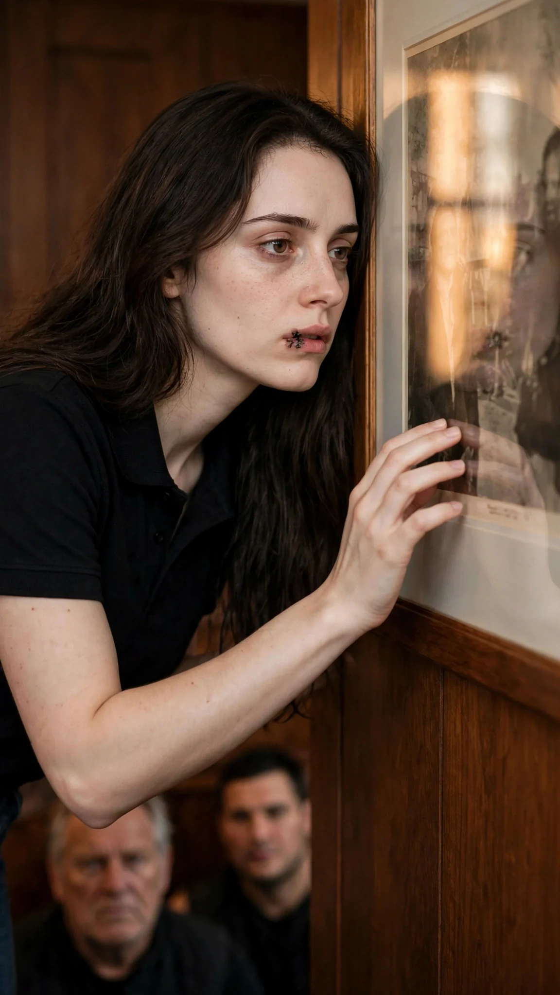 Corrie's fingers touch the glass of the framed photograph.