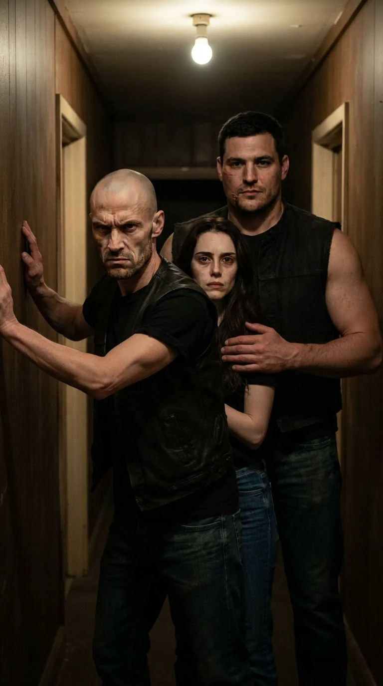 Cutter blocks a narrow clubhouse hallway while Garrick stands behind Corrie.
