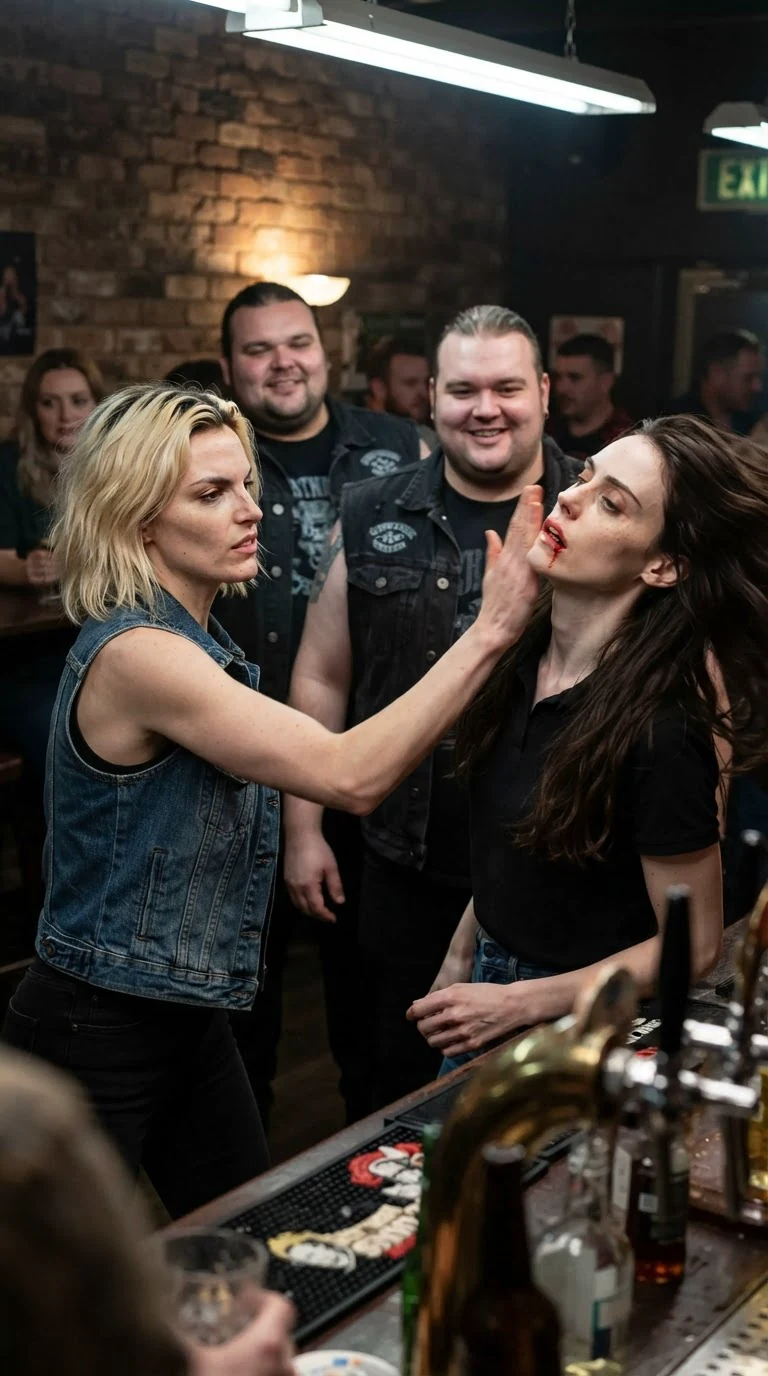 Trixie's open hand cracks across Corrie's mouth while men watch and laugh.