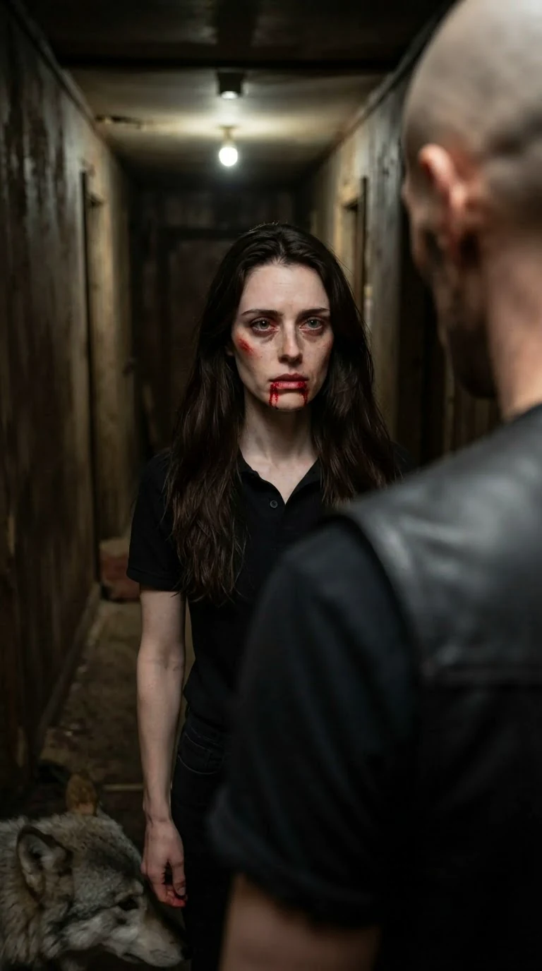 Corrie stands with blood on her chin, chin lifted, staring Cutter down.