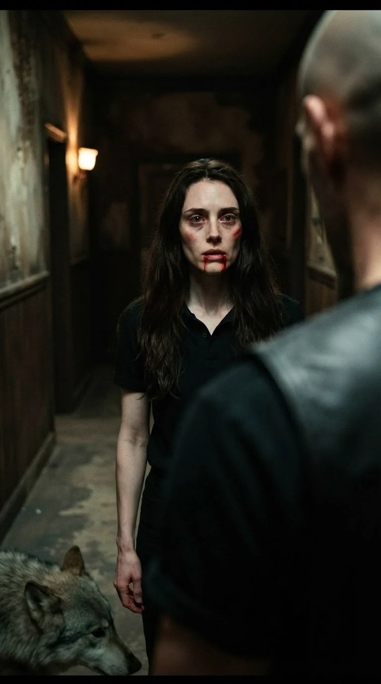 Corrie stands with blood on her chin, chin lifted, staring Cutter down.