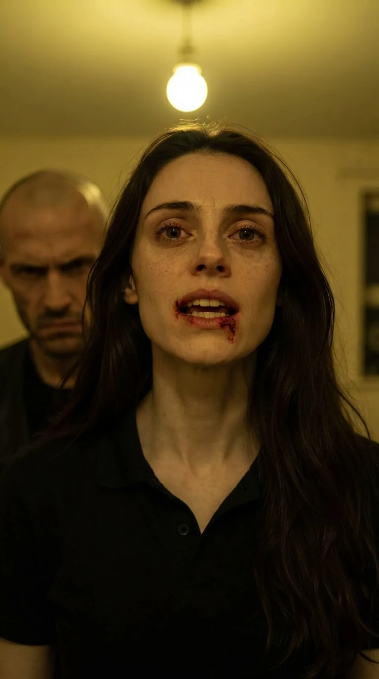 Corrie speaks back to Cutter with a bloody mouth and steady eyes.