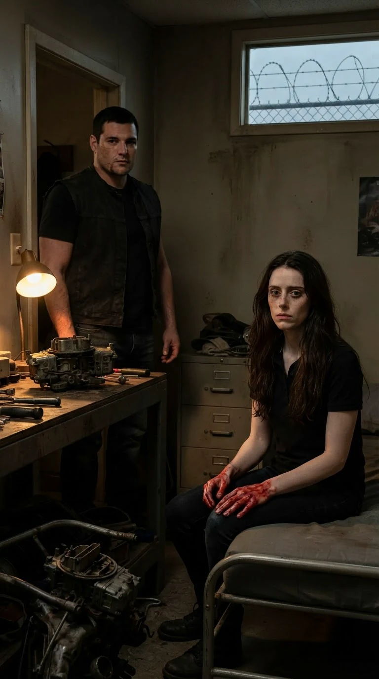 Corrie sits on Garrick's cot in a small plain room with a carburetor on the bench.