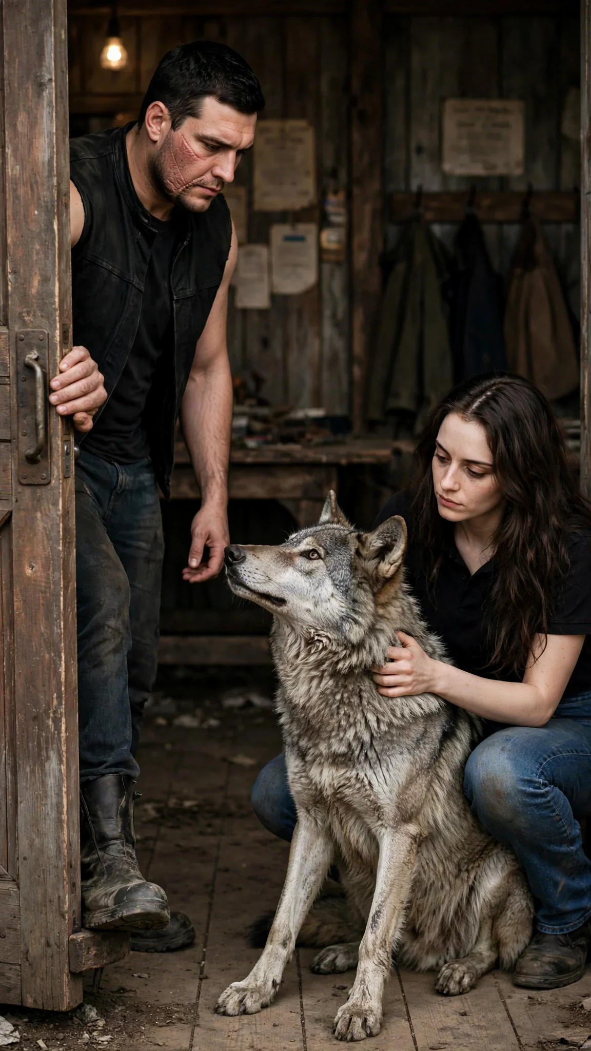 The gray wolf walks in and sits against Corrie's leg while Garrick holds the door.