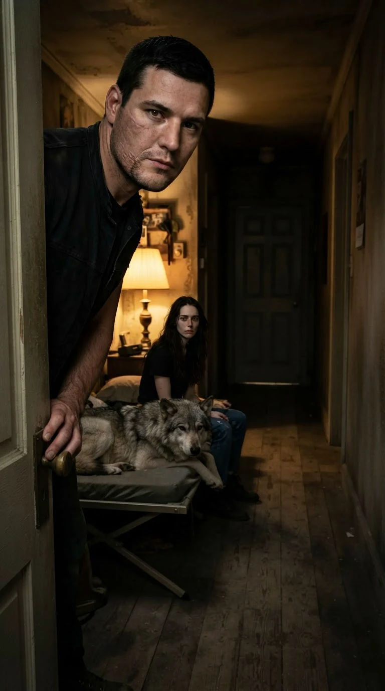 Garrick stands in the open doorway of his room, watching the hallway, lamp behind him.