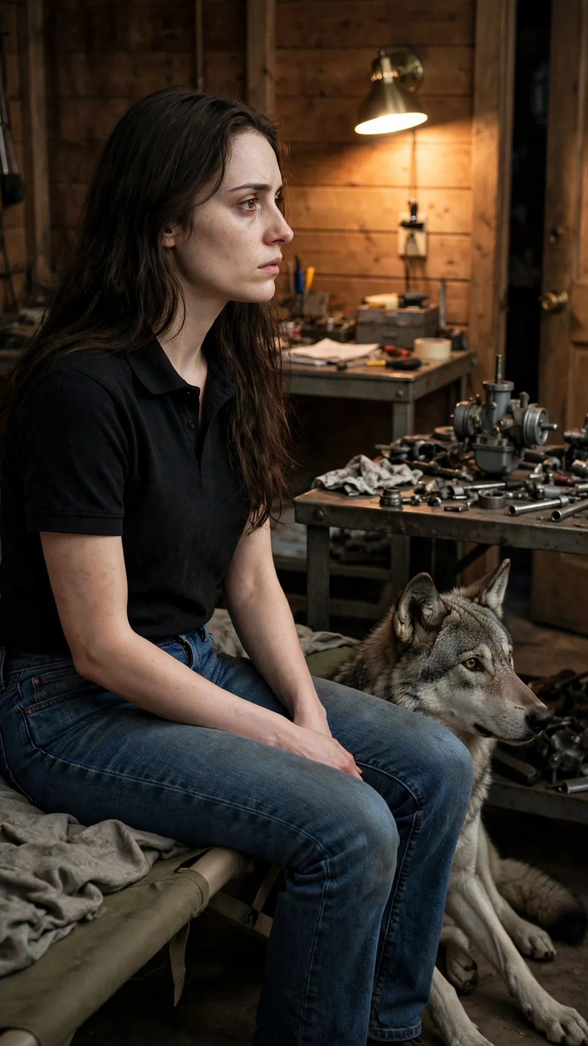 A tired woman in a black work polo sits on a cot beside a gray wolf, listening to noise through the wall.