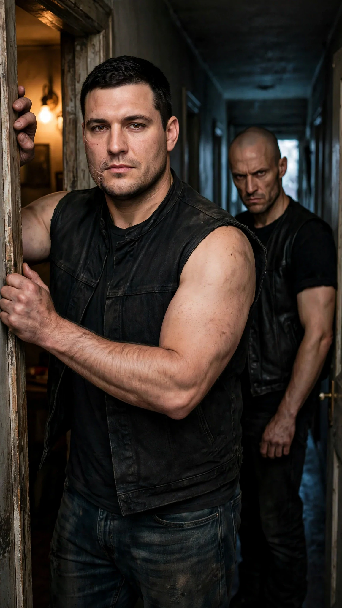 A tall scarred man in a black club cut fills the doorway while a bald man waits in the hall.