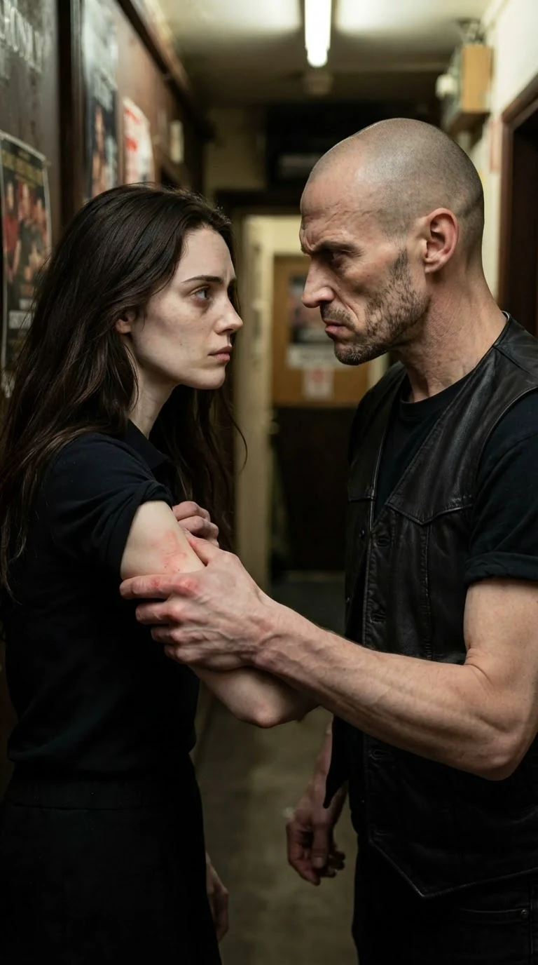 A bald man grips a woman's arm above the elbow, squeezing the skin white.