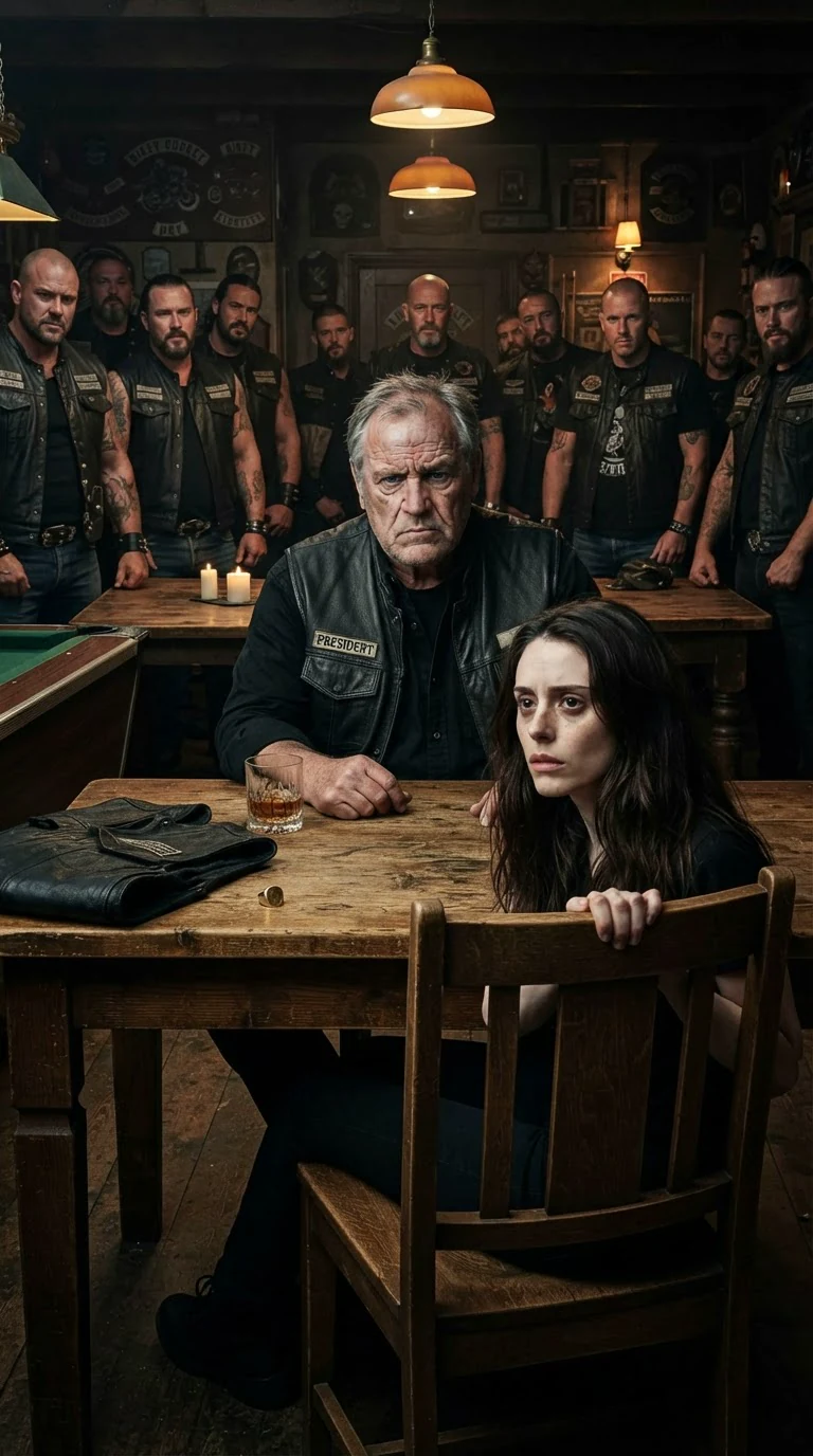A quiet bar of club members watches a woman get shoved down into a chair before a heavy gray-haired man.