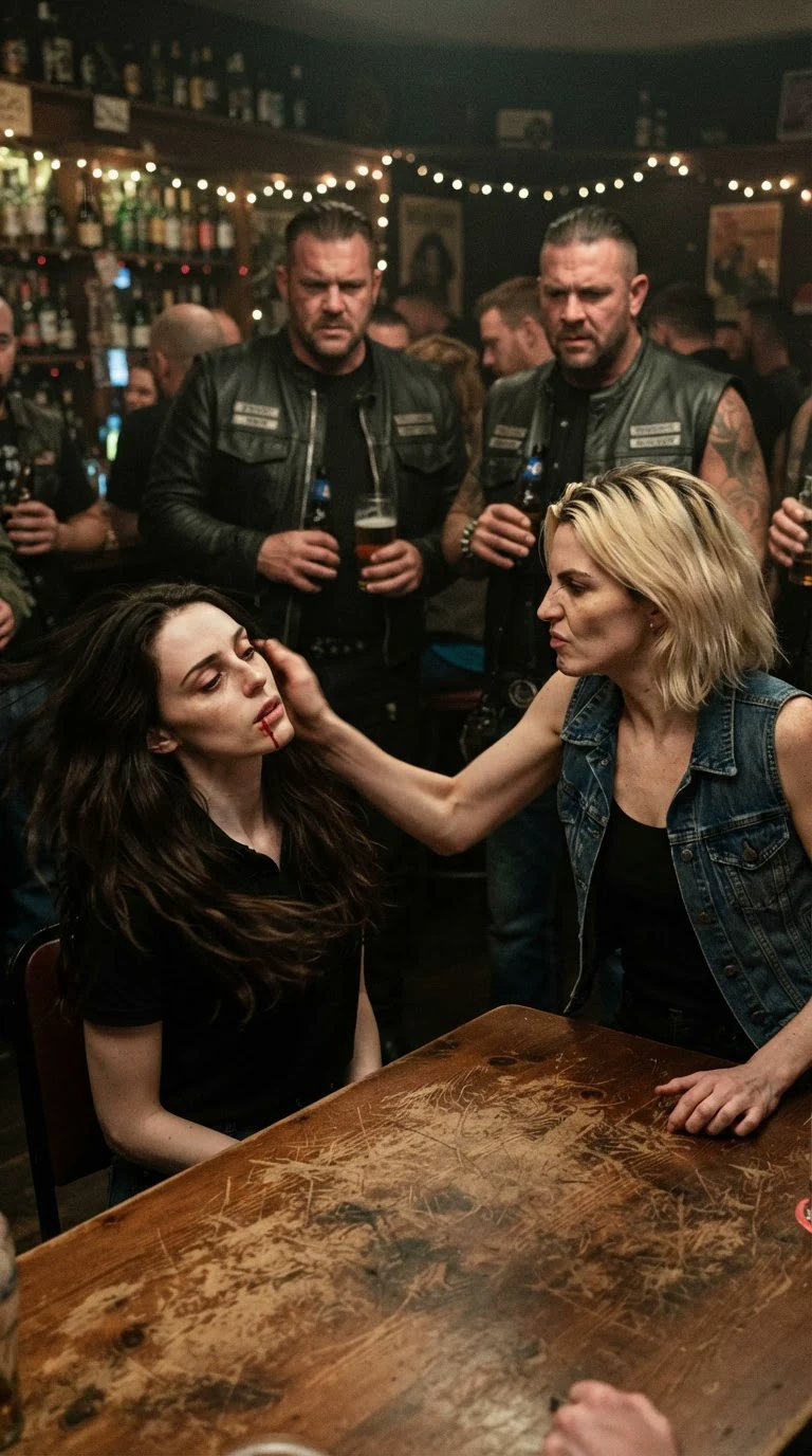 A blonde woman in a denim vest leans across a table and slaps a dark-haired woman across the mouth.