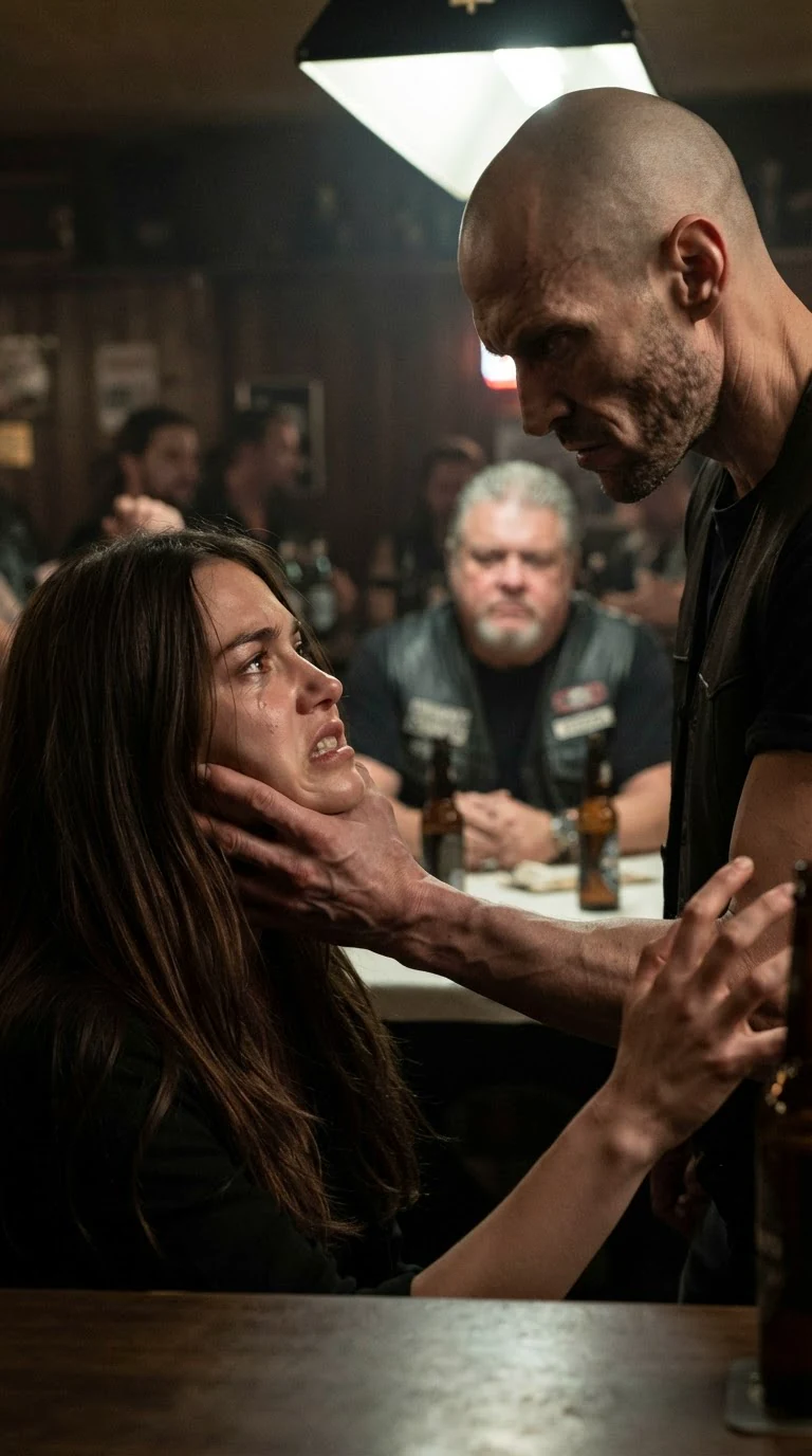 A bald man squeezes a woman's jaw, blood on her chin, as club members look on.