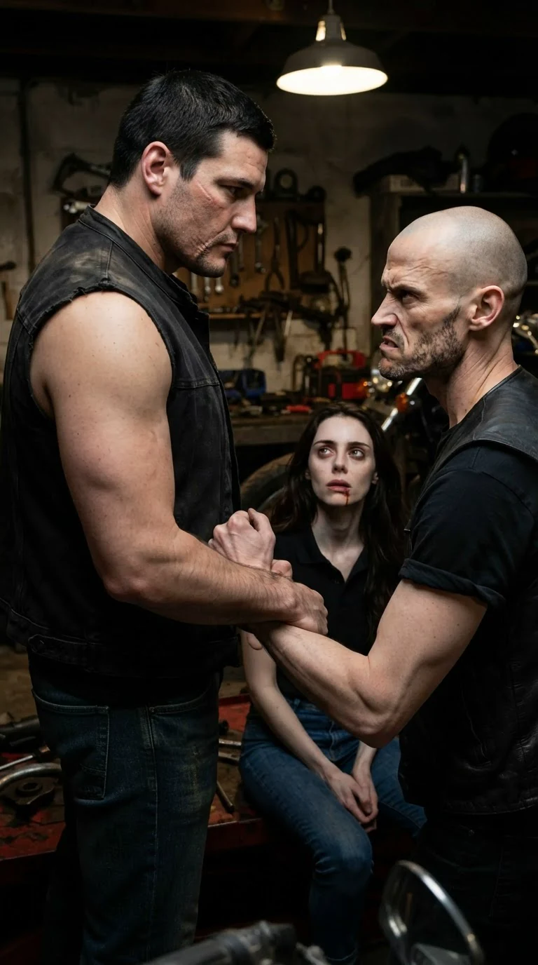 A tall scarred man peels a bald man's hand off a woman's face and stands between them.