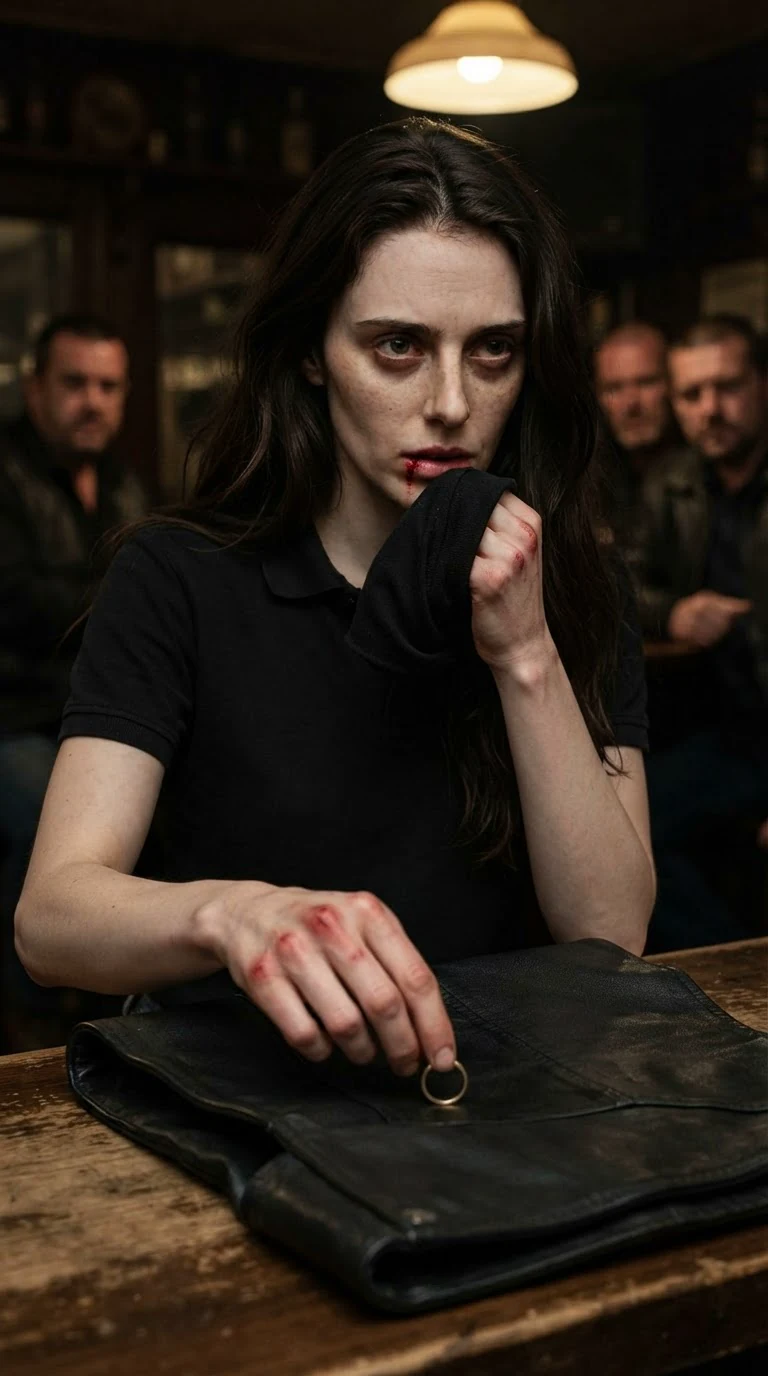 A bleeding woman wipes her mouth and picks up a gold ring from a folded black vest.