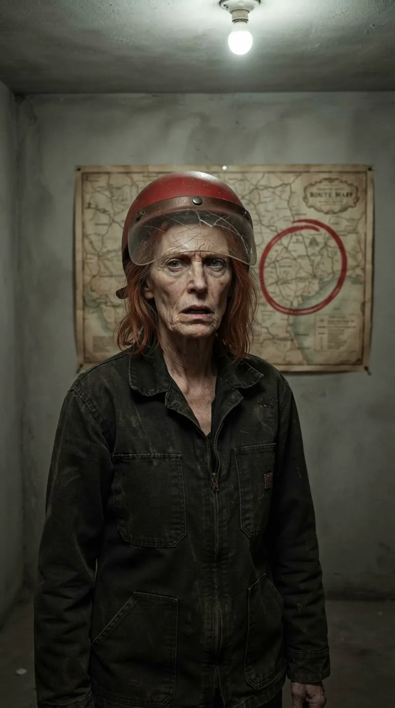 A woman in a cracked red motorcycle helmet stands in a dim room before a map with a red circle on it.