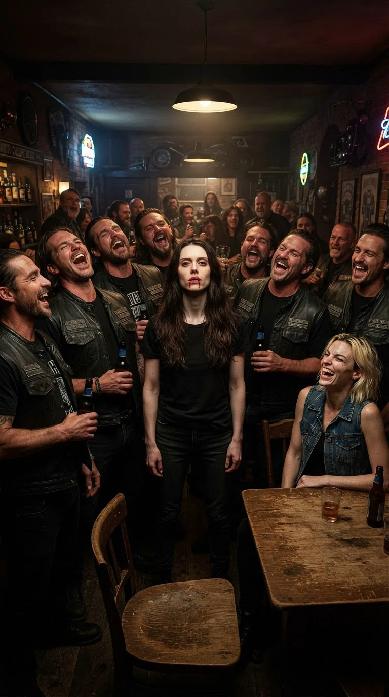 A bar full of men in black cuts laugh openly at a standing woman.
