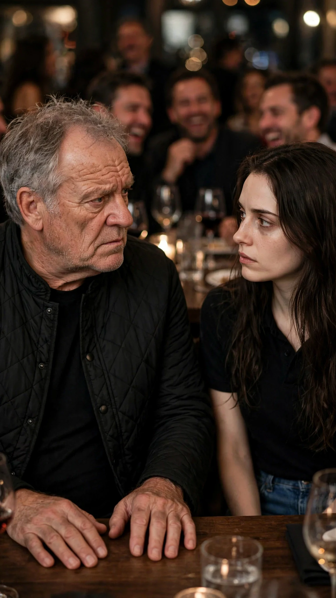 The only silent man in the bar, a gray-haired president, stares at the woman with his hands flat on the table.