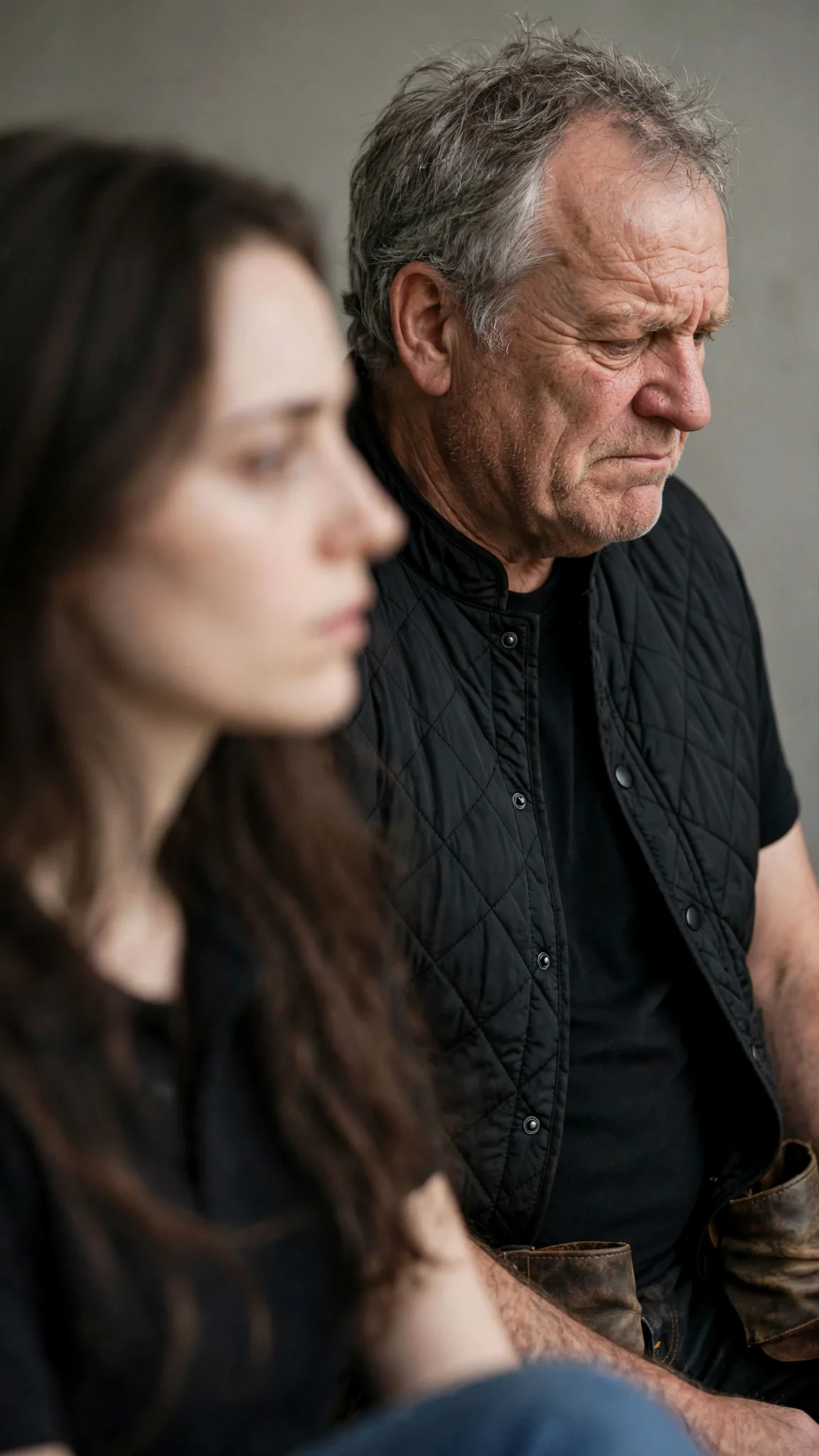 A gray-haired man's jaw tightens as he looks away from the woman, hiding his face from the room.