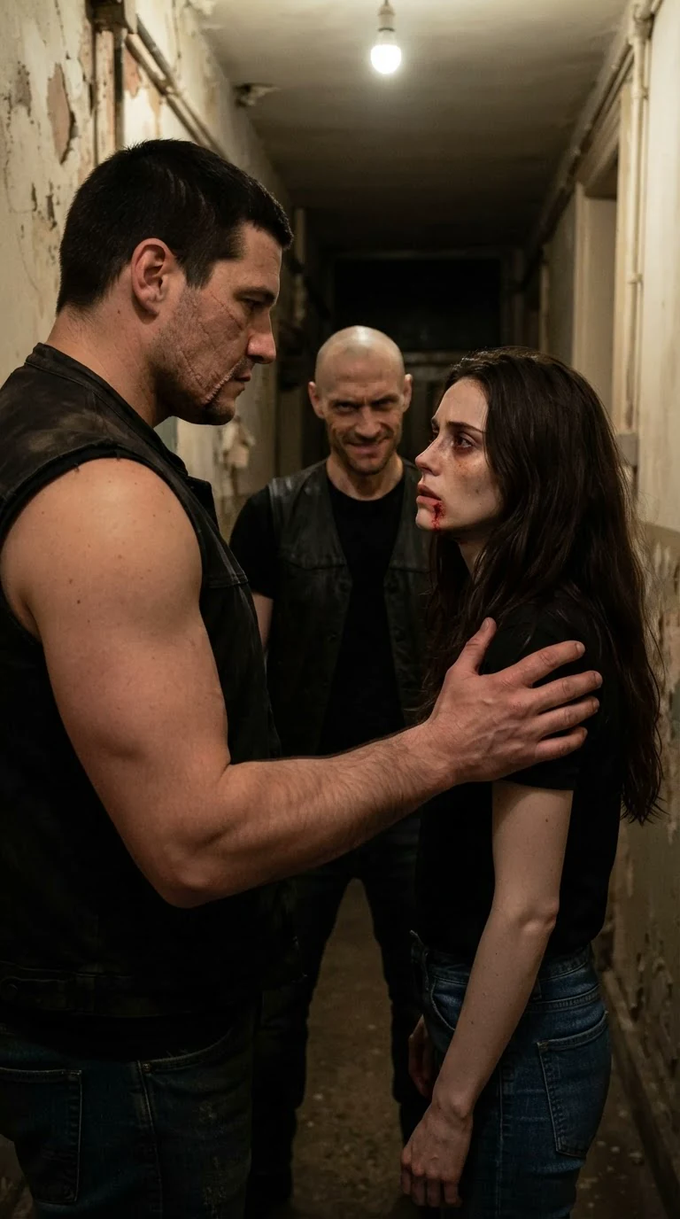 A tall scarred man steers a bleeding woman out of the bar by the back, past watching men.