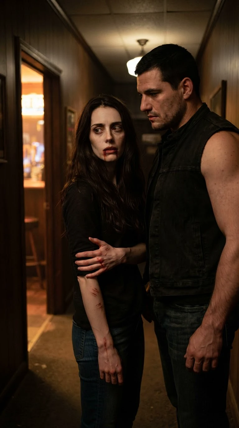 In a dim hall, a bleeding woman looks back over her shoulder toward the bar door.