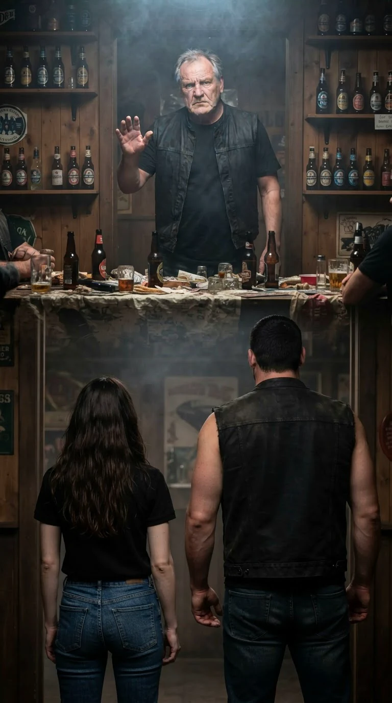 Kemp stands at the head table with one hand raised, stopping Corrie and Garrick in the doorway.
