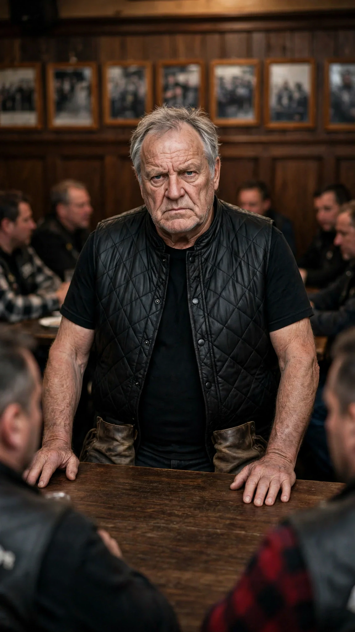 Kemp stands at the head table and looks straight at Corrie while the whole bar goes silent.