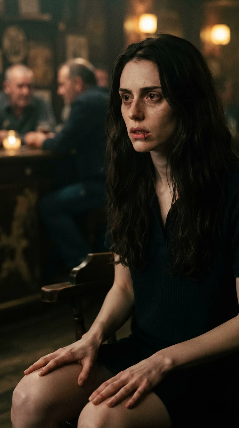 Corrie stares at the floor with her hands flat on her knees, jaw tight.