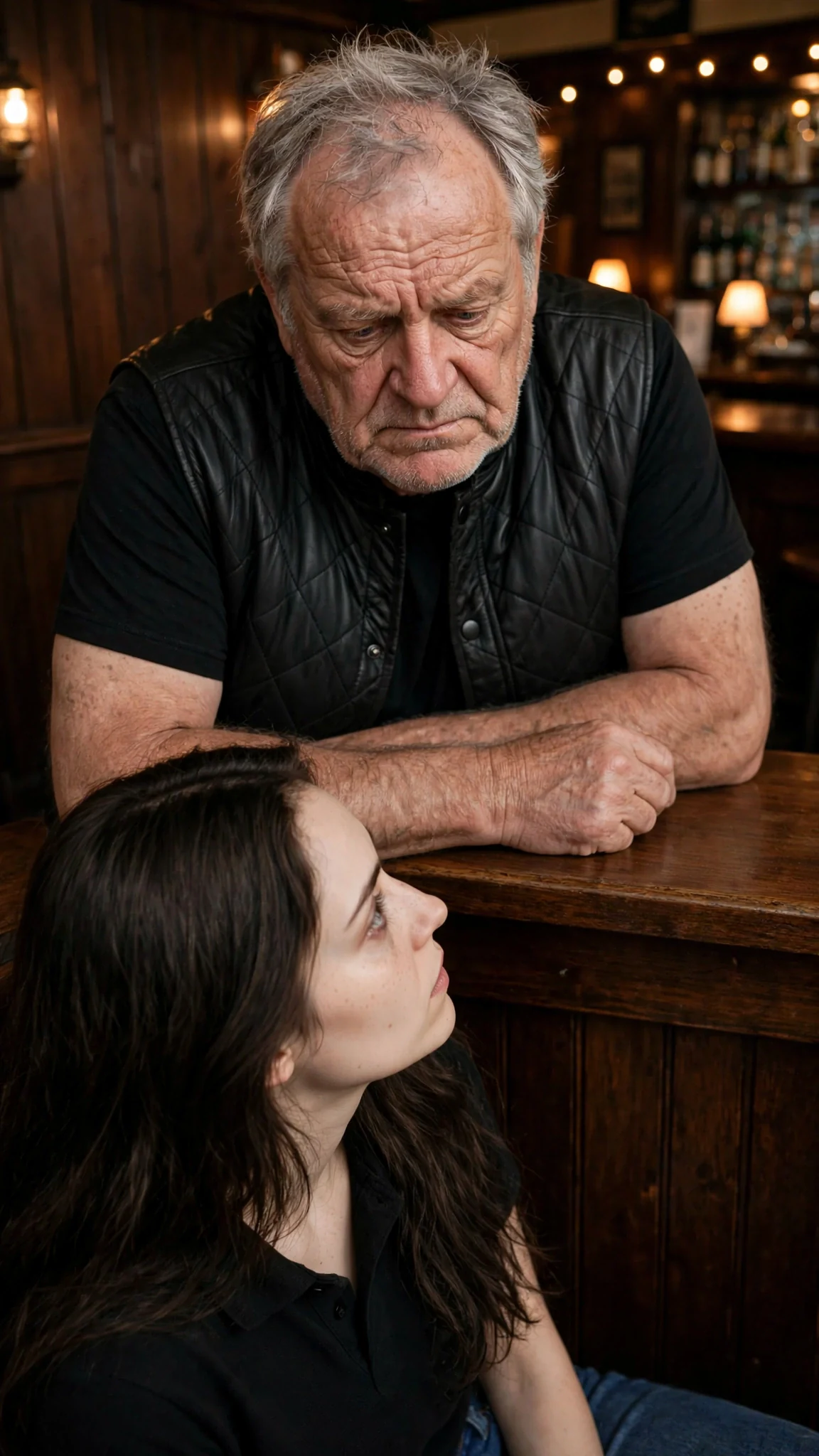 Kemp looks down at Corrie with a tight, guilty mouth as she refuses to look away.
